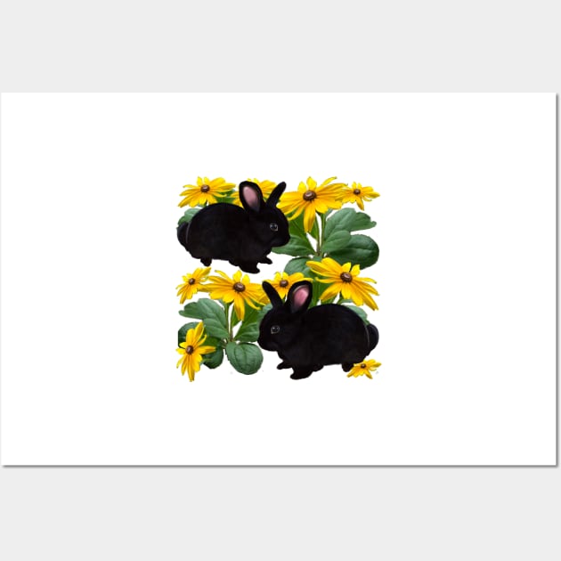 bunny rabbits in yellow  daisies - cute  ebony  dwarf lop bunny rabbits Wall Art by Artonmytee